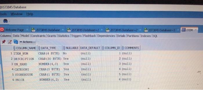 EDIST3845 Database Tools Window Help DI FTEM Welcome Page IST 3845 Database ISTE845 Database 1573845 Datatras2 IST3845 Databa