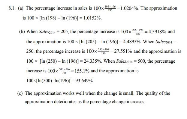 198-196 196 =1.0204%. The approximation 8.1. (a) The percentage increase in sales is 100% is 100 x [ln (198) – In (196)] = 1.