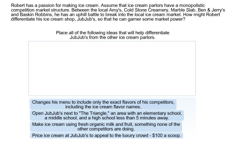 Robert has a passion for making ice cream. Assume that ice cream parlors have a monopolistic competition market structure. Between the local Amys, Cold Stone Creamery, Marble Slab, Ben & Jerrys and Baskin Robbins, he has an uphill battle to break into the local ice cream market. How might Robert differentiate his ice cream shop, JubJubs, so that he can garner some market power? Place all of the following ideas that will help differentiate JubJubs from the other ice cream parlors. Changes his menu to include only the exact flavors of his competitors, including the ice cream flavor names. Open JubJubs next to The Triangle, an area with an elementary school a middle school, and a high school less than 5 minutes away Make ice cream using fresh organic milk and fruit, something none of the other competitors are doing. Price ice cream at JubJubs to appeal to the luxury crowd $100 a scoop.