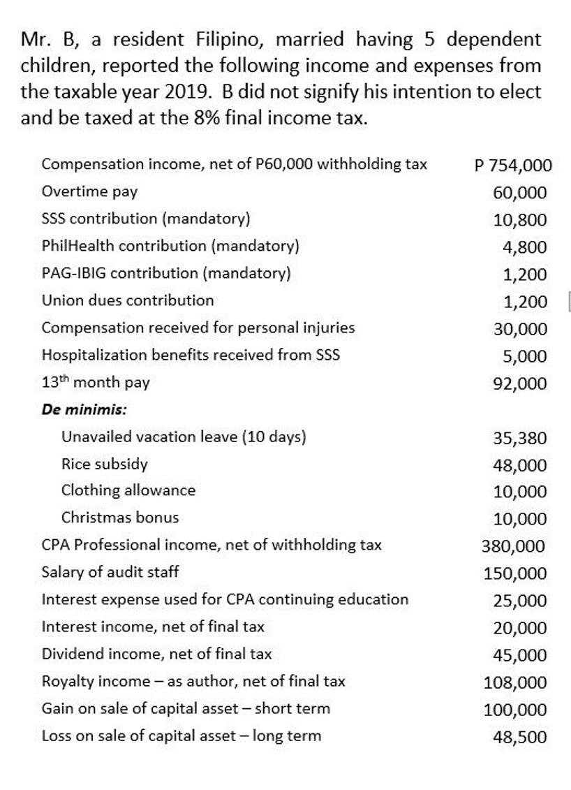 Mr. B, a resident Filipino, married having 5 dependent children, reported the following income and expenses from the taxable