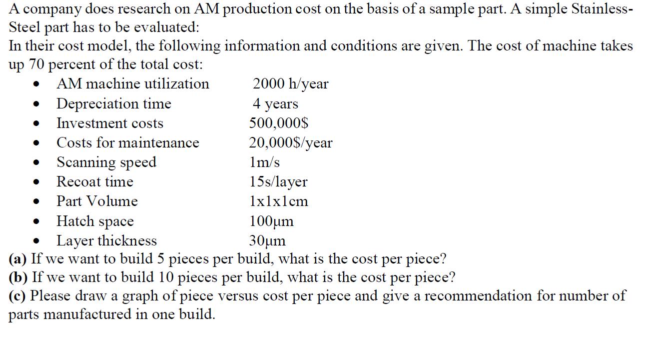 A company does research on AM production cost on the basis of a sample part. A simple Stainless- Steel part has to be evaluat