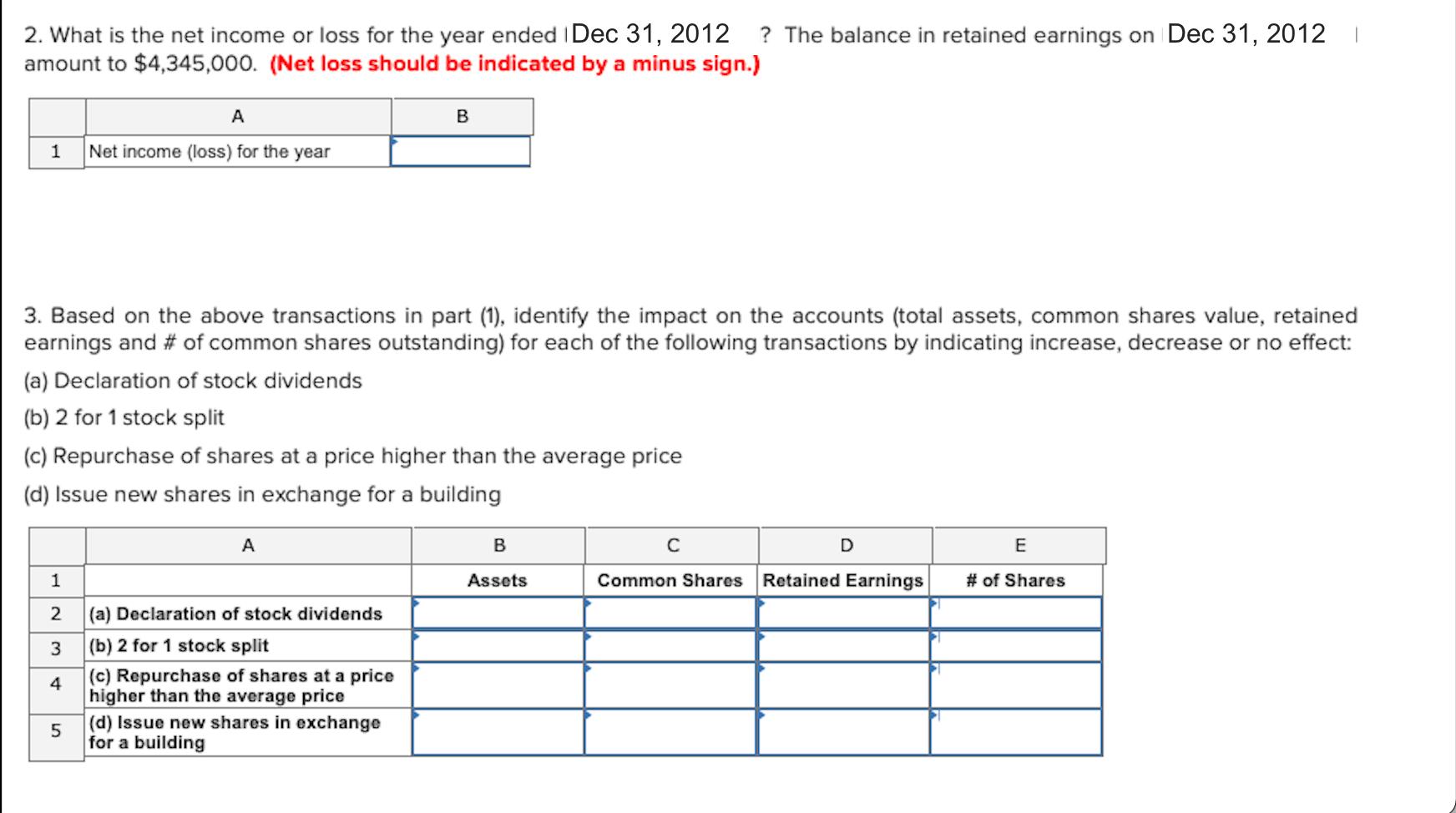2. What is the net income or loss for the year ended Dec 31, 2012 ? The balance in retained earnings on Dec 31, 2012 amount t