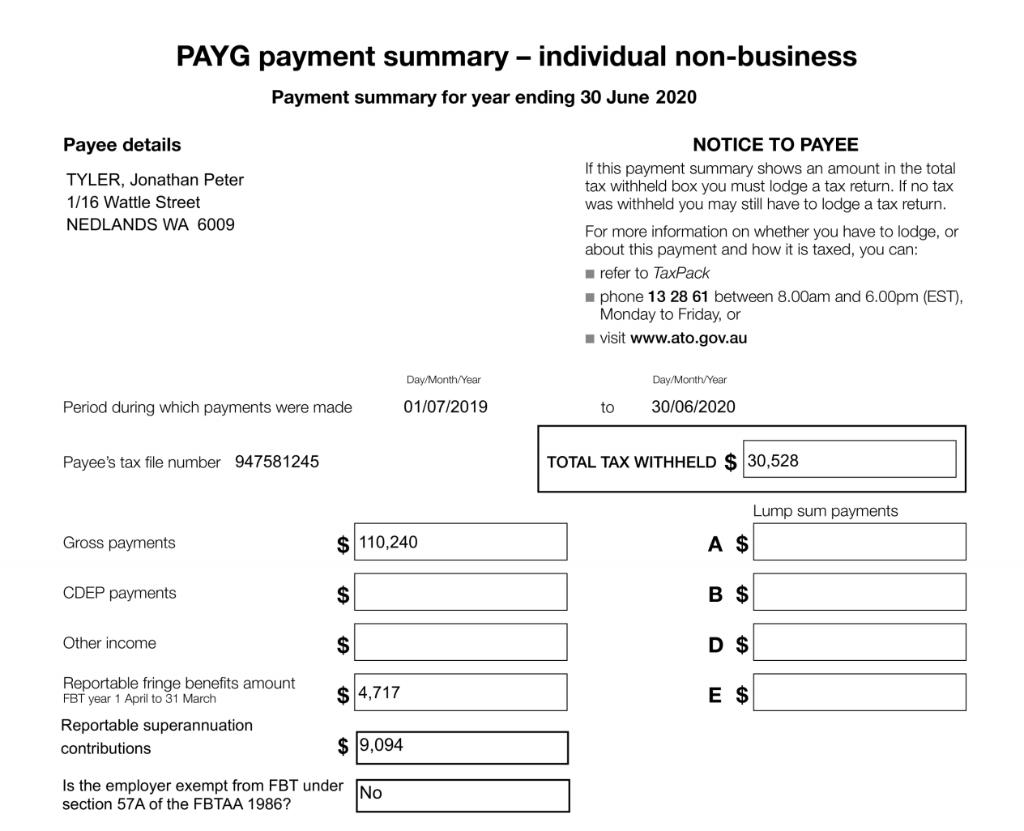PAYG payment summary – individual non-business Payment summary for year ending 30 June 2020 Payee details TYLER, Jonathan Pet