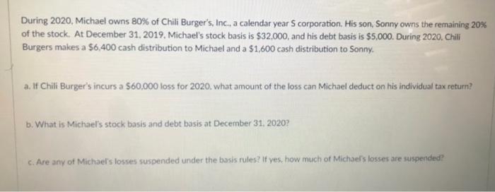 During 2020, Michael owns 80% of Chili Burgers, Inc., a calendar year Scorporation. His son, Sonny owns the remaining 20% of