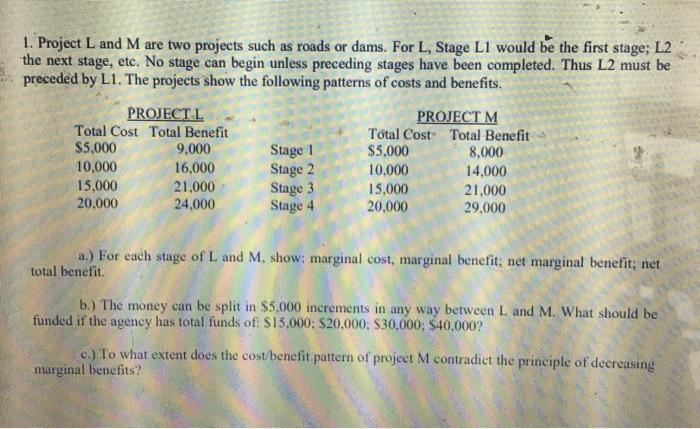 1. Project L and M are two projects such as roads or dams. For L, Stage LI would be the first stage; L2 the next stage, etc.