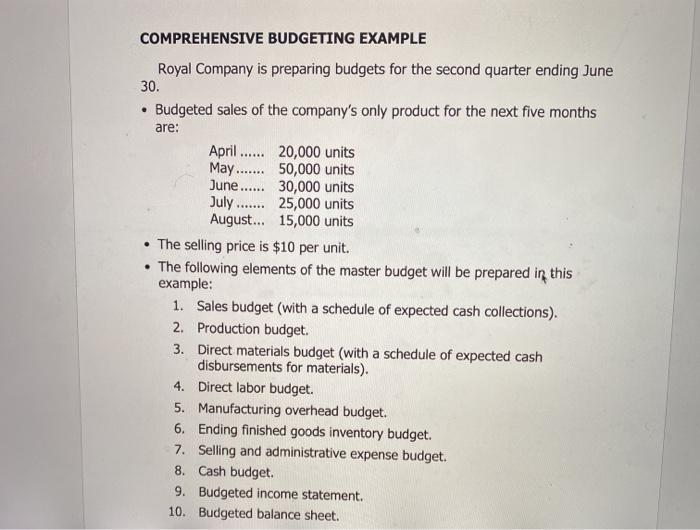 COMPREHENSIVE BUDGETING EXAMPLE Royal Company is preparing budgets for the second quarter ending June 30. • Budgeted sales of