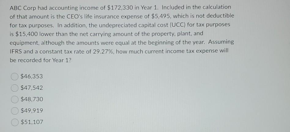 ABC Corp had accounting income of $172,330 in Year 1. Included in the calculation of that amount is the CEOs life insurance
