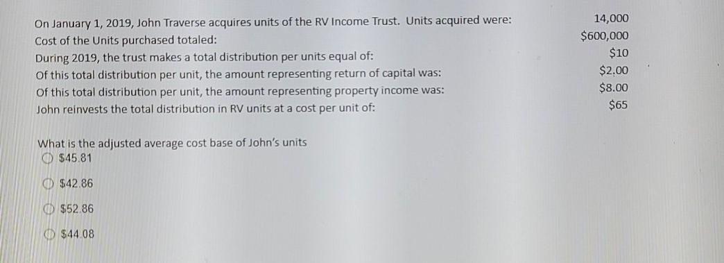 On January 1, 2019, John Traverse acquires units of the RV Income Trust. Units acquired were: Cost of the Units purchased tot