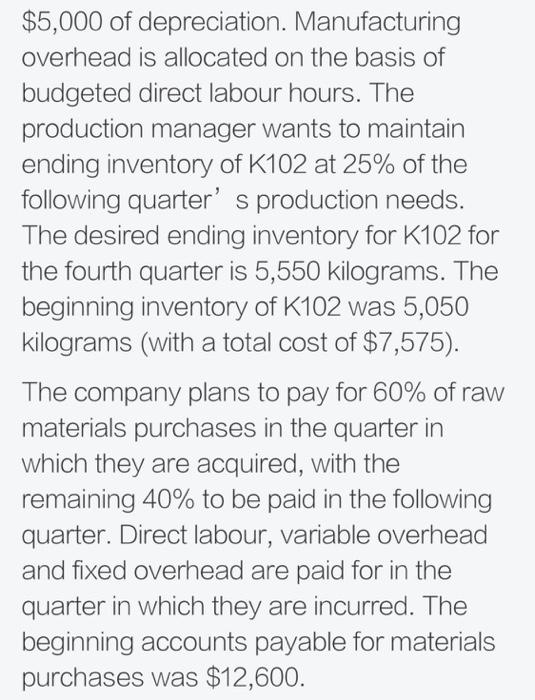 $5,000 of depreciation. Manufacturing overhead is allocated on the basis of budgeted direct labour hours. The production mana