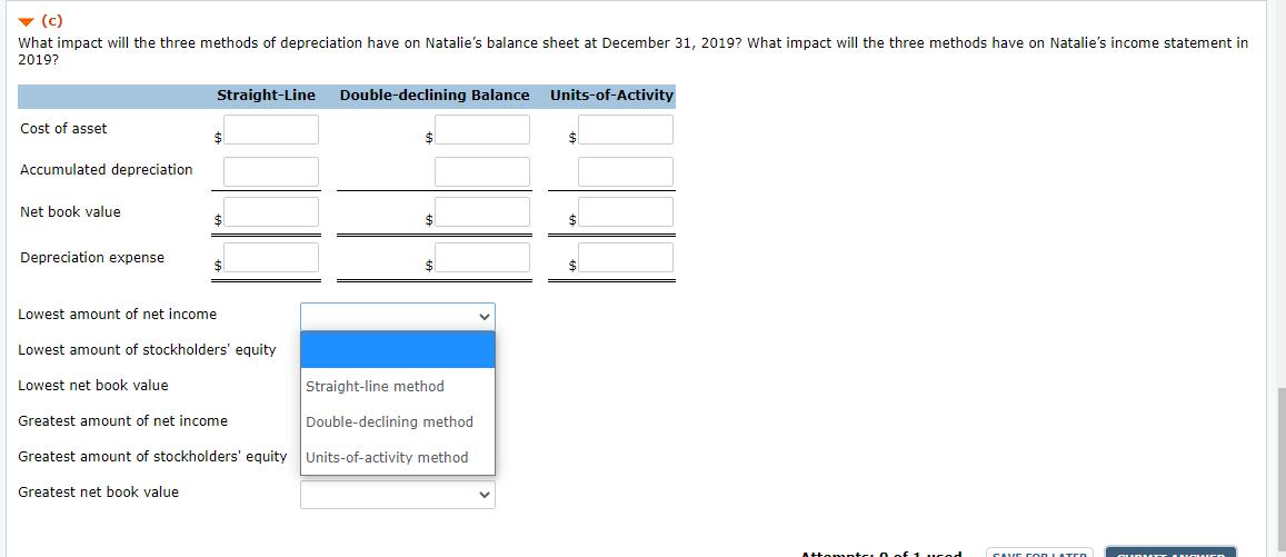 (c) What impact will the three methods of depreciation have on Natalies balance sheet at December 31, 2019? What impact will