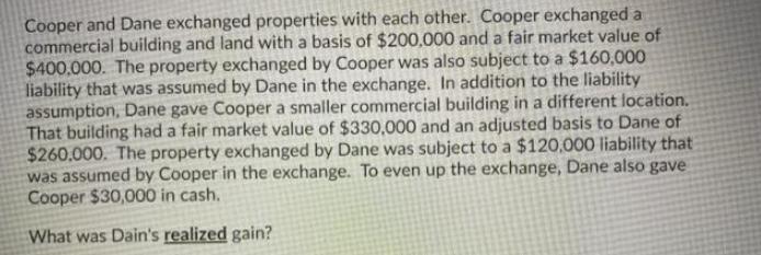 Cooper and Dane exchanged properties with each other. Cooper exchanged a commercial