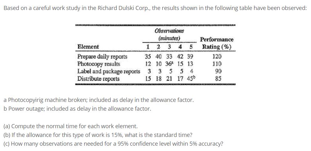 Based on a careful work study in the Richard Dulski Corp., the results shown in the following table have been observed: Eleme