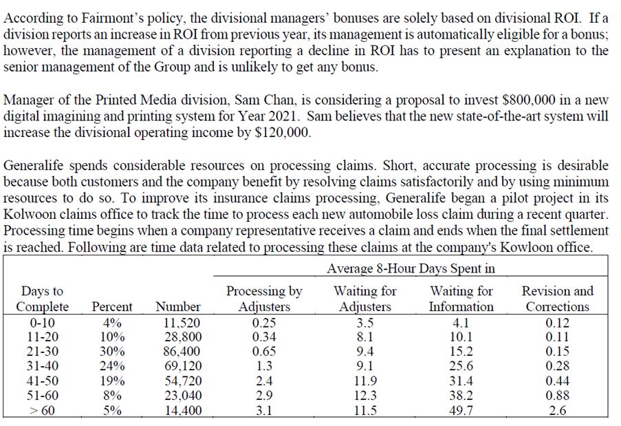 According to Fairmonts policy, the divisional managers bonuses are solely based on divisional ROI. If a division reports an