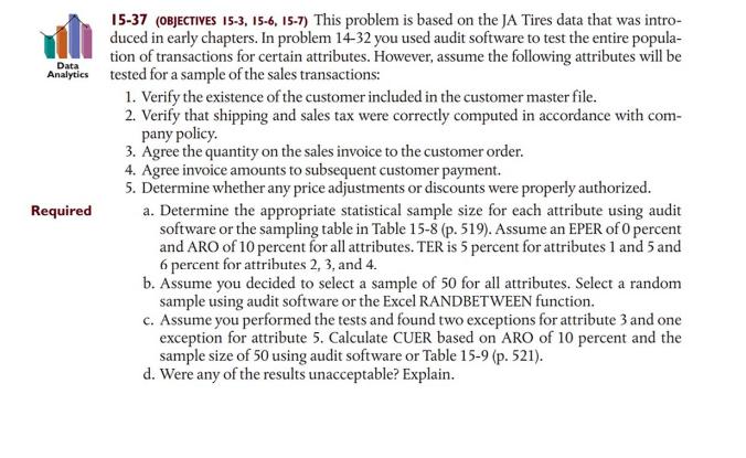 Data 15-37 (OBJECTIVES 15-3, 15-6, 15-7) This problem is based on the JA Tires data that was intro- duced in early chapters.