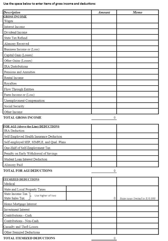 Use the space below to enter items of gross income and deductions: Amount Mento Description GROSS INCOME Wages Interest Incom