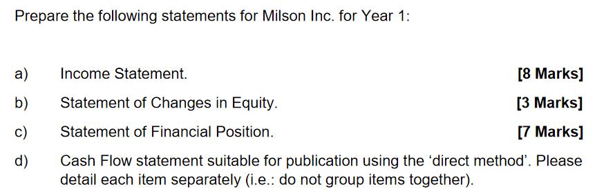 Prepare the following statements for Milson Inc. for Year 1: a) [8 Marks] Income Statement. . Statement of Changes in Equity.