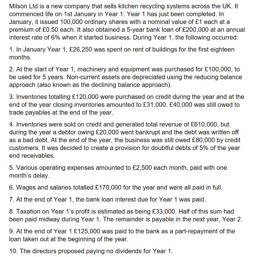 Milson Ltd is a new company that sells kitchen recycling systems across the UK. It commenced life on 1st January in Year 1. Y