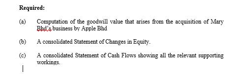 Required: Computation of the goodwill value that arises from the acquisition of Mary Bhds business by Apple Bhd (b) A consol