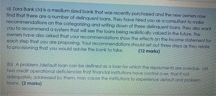 a) Zora Bank Ltd is a medium sized bank that was recently purchased and the new owners now find that there are a number of de