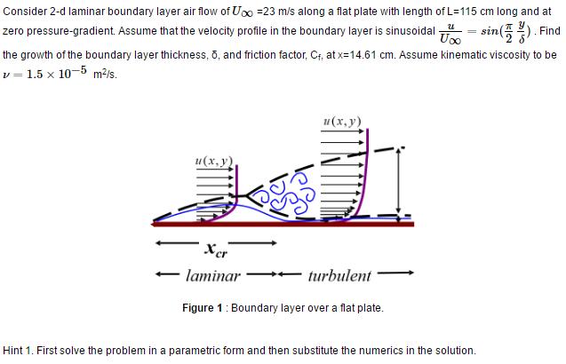 Consider 2-d laminar boundary layer air flow of Uoo 23 m/s along a flat plate with length of L-11 5 cm long and at zero pressure-gradient. Assume that the velocity profile in the boundary layer is sinusoida US sun 2 3). Find the growth of the boundary layer thickness, o, and friction factor, Cf, at x 14.61 cm. Assume kinematic viscosity to be 1.5 x 10 5 m2 u (x,y) u (x, y cr laminar turbulent Figure 1 Boundary layer over a flat plate. Hint 1. First solve the problem in a parametric form and then substitute the numerics in the solution.