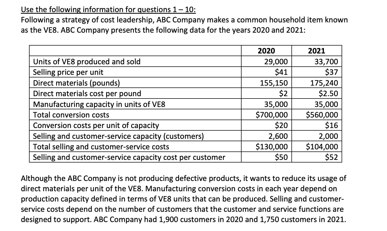 Use the following information for questions 1 – 10: Following a strategy of cost leadership, ABC Company makes a common house