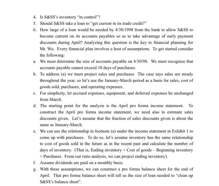 4. Is S&SSs inventory “in control? 5. Should S&SS take a loan to “get current in its trade credit? 6. How large of a loan