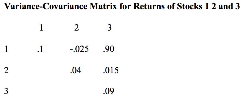 Variance-Covariance Matrix for Returns of Stocks 1 2 and 3 12 31 .1 -.025 .90 2.04 .015 3.09