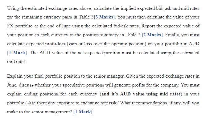 Using the estimated exchange rates above, calculate the implied expected bid, ask and mid rates for the remaining currency pa