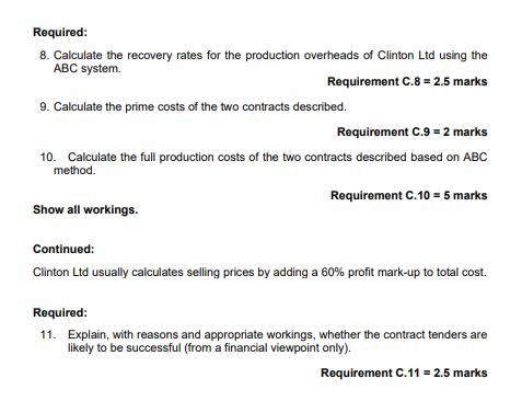 Required: 8. Calculate the recovery rates for the production overheads of Clinton Ltd using the ABC system Requirement C.8 -