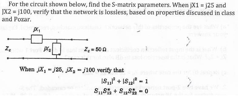 For the circuit shown below, find the S-matrix parameters. When jX1 =