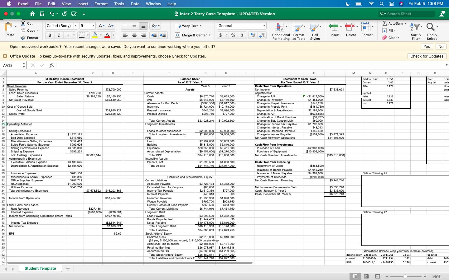Excel File Edit View Insert Format Tools Data Window Help Fri Feb 5 1:58 PM Inter 2 Terry Case Template - UPDATED Version Q-