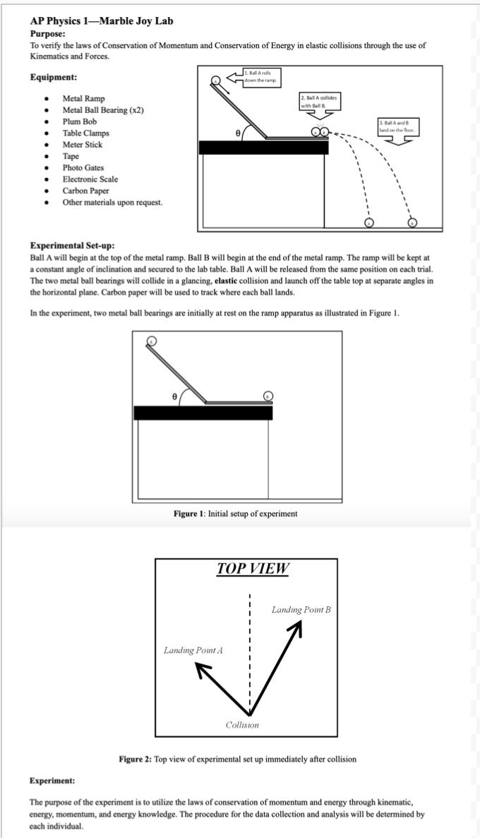 AP Physics 1-Marble Joy Lab Purpose: To verify the laws of Conservation of Momentum and Conservation of Energy in elastic col