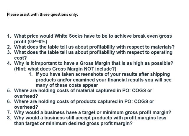 Please assist with these questions only: 1. What price would White Socks have to be to achieve break even gross profit (GP=0%