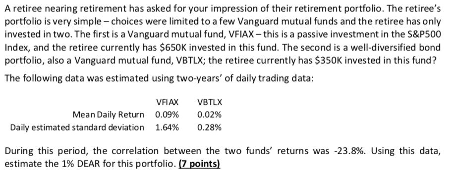 A retiree nearing retirement has asked for your impression of their retirement portfolio. The retirees portfolio is very sim