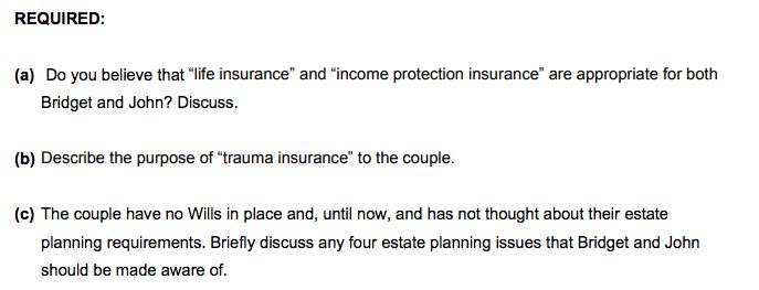 REQUIRED: (a) Do you believe that life insurance and income protection insurance are appropriate for both Bridget and Joh