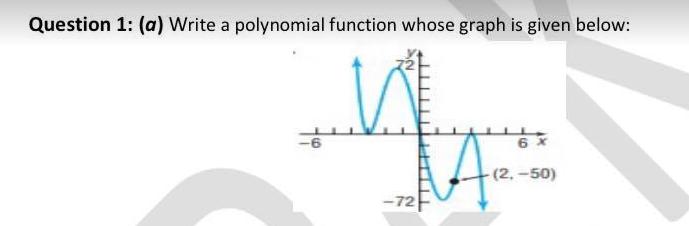 Question 1: (a) Write a polynomial function whose graph is given below: