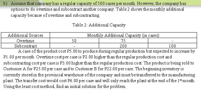b) Assume that company has a regular capacity of 500 cases per month. However, the company has options to do overtime and sub