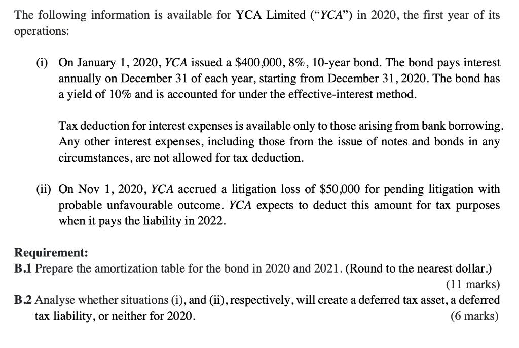 The following information is available for YCA Limited (“YCA”) in 2020, the first year of its operations: (i) On January 1, 2