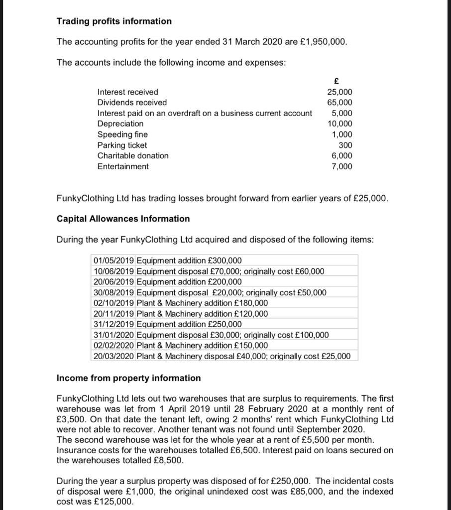 Trading profits information The accounting profits for the year ended 31 March 2020 are £1,950,000. The accounts include the