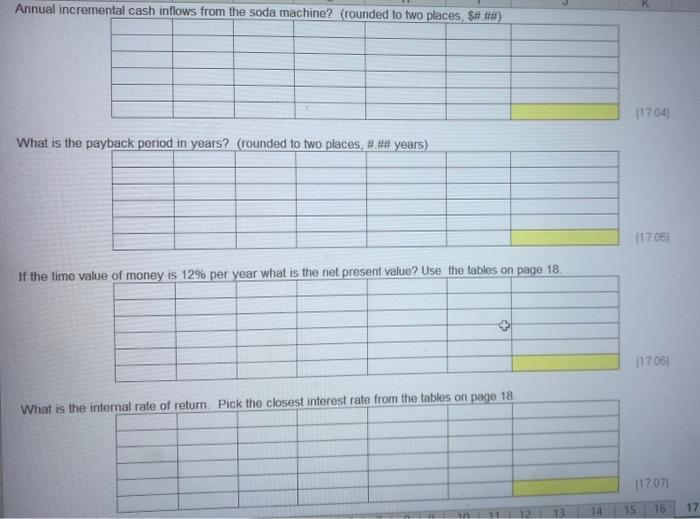 Annual incremental cash inflows from the soda machine?(rounded to two places, S###) 11704 What is the payback period in years