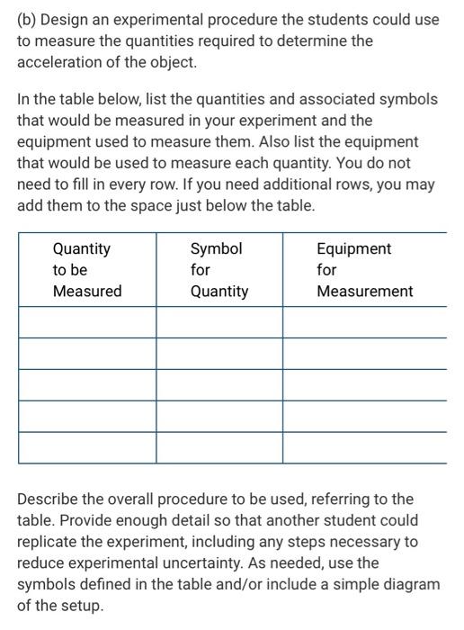 (b) Design an experimental procedure the students could use to measure the quantities required to determine the acceleration