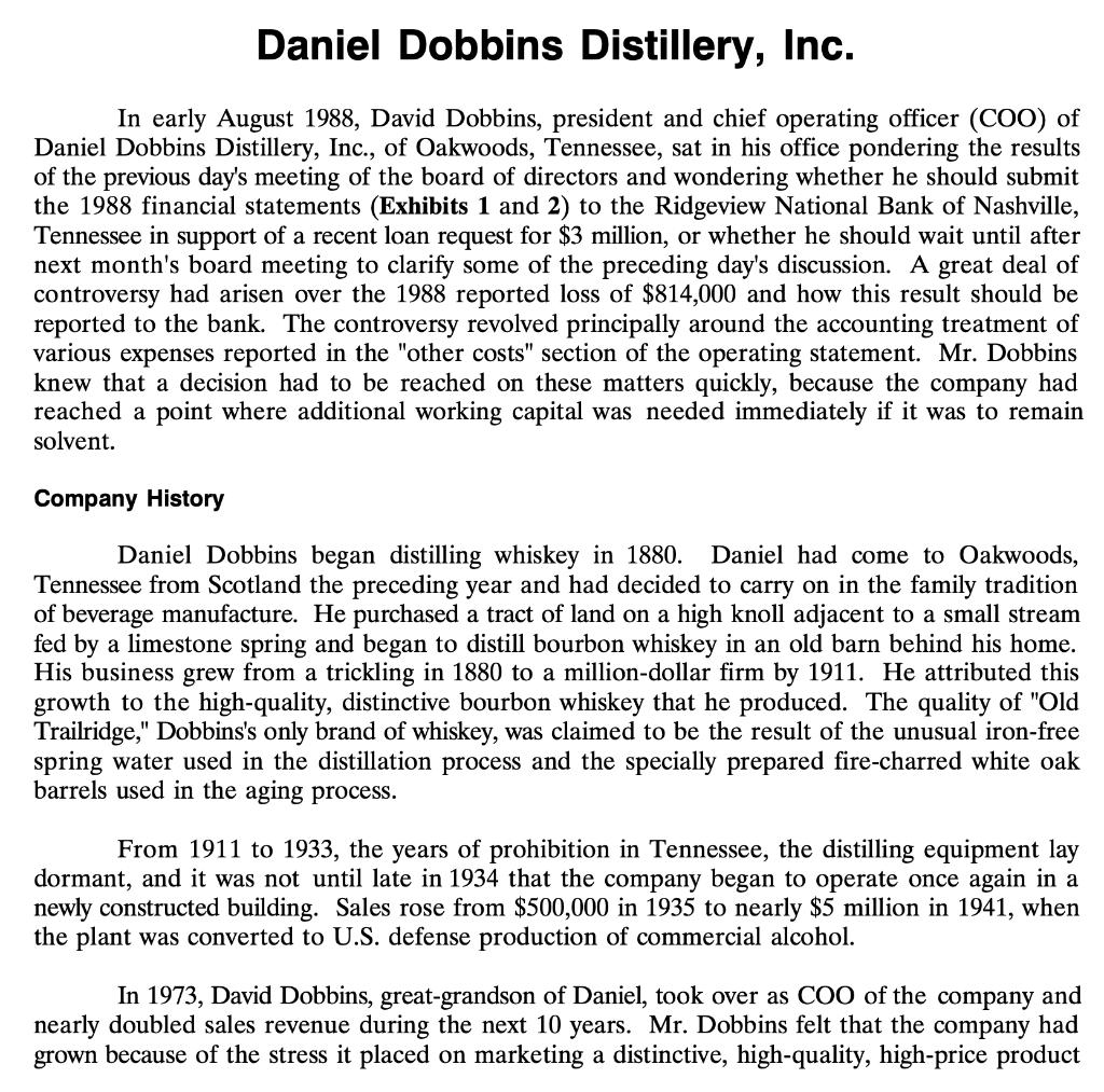 Daniel Dobbins Distillery, Inc. In early August 1988, David Dobbins, president and chief operating officer (COO) of Daniel Do