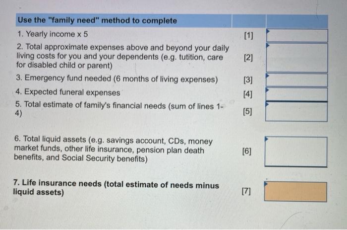 [1] [2] Use the family need method to complete 1. Yearly income x 5 2. Total approximate expenses above and beyond your dai