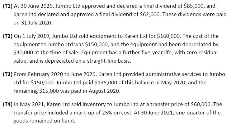 (T1) At 30 June 2020, Jumbo Ltd approved and declared a final dividend of $85,000, and Karen Ltd declared and approved a fina