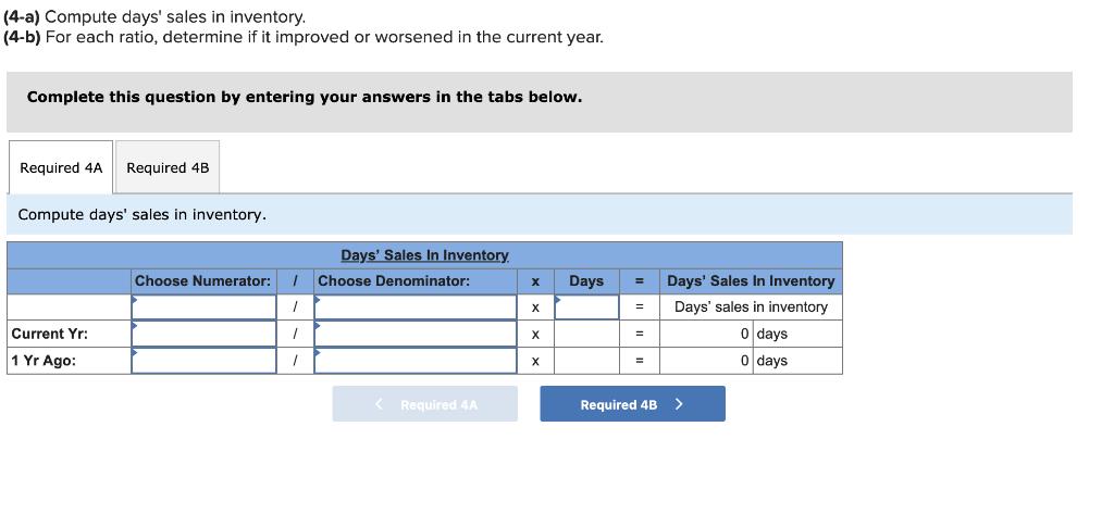 (4-a) Compute days sales in inventory. (4-6) For each ratio, determine if it improved or worsened in the current year. Compl