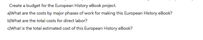 Create a budget for the European History eBook project. a)What are the costs by major phases of work for making this European