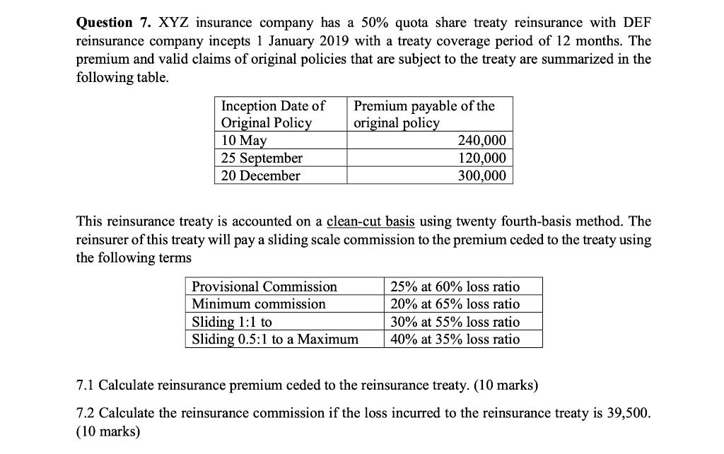 Question 7. XYZ insurance company has a 50% quota share treaty reinsurance with DEF reinsurance company incepts 1 January 201