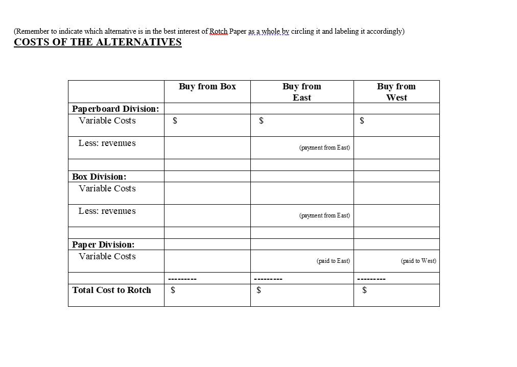 (Remember to indicate which alternative is in the best interest of Rotch Paper as a whole by circling it and labeling it acco