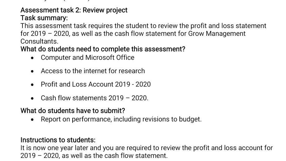 Assessment task 2: Review project Task summary: This assessment task requires the student to review the profit and loss state