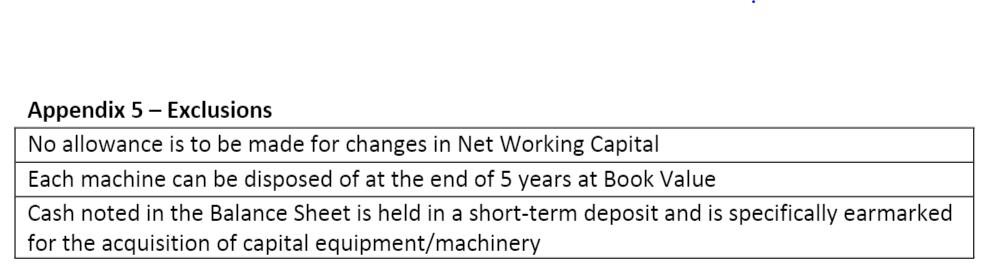 Appendix 5 - Exclusions No allowance is to be made for changes in Net Working Capital Each machine can be disposed of at the